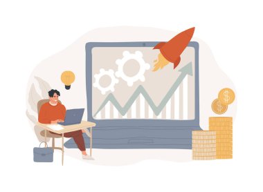 Çevrimiçi iş izole konsept vektör illüstrasyonu. İş fırsatı, online başlangıç, ecommerce platform, İnternet pazarlama, sosyal medya satışları, promosyon, dijital ajans vektör kavramı.