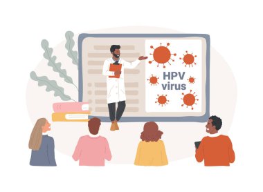 HPV eğitim programları konsept vektör illüstrasyonunu izole etti. HPV bilinçlendirme programları, insan papillomavirus açıklamaları, sağlık eğitimi, çevrimiçi danışma, virüs bilgi vektörü kavramı.