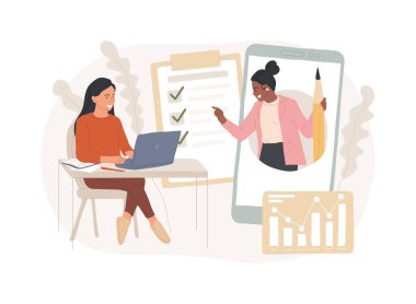 Çevrimiçi koç konsept vektör illüstrasyonunu izole etti. Mobil eğitim programı, uzaktan öğrenme, video uygulaması, sertifika, profesyonel antrenör, bireysel öğrenme planı vektör kavramı ol.