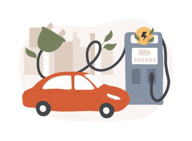 Şarj istasyonu izole edilmiş konsept vektör çizimi. Elektrikli araç, şarj noktası, prize takılı hibritler, alternatif yakıt, elektrik prizi, pil kapasitesi, güç vektörü konsepti.