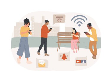 İnternet bağımlılığı konsept vektör illüstrasyonunu izole etti. Gerçek yaşam ikamesi, yaşam çevrimiçi bozukluğu, web bağımlılığı, dijital bağımlılık davranışı, İnternet aşırı kullanımı, sosyal medya konsepti.