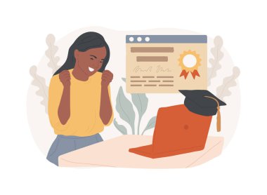 Dijital diploma al ve karikatür vektör çizimleri yap. Mezuniyet şapkası ve dizüstü bilgisayarı olan mutlu kız, online diploma, uzaktan öğrenme, sanal eğitim, dijital sertifika vektör karikatürü.