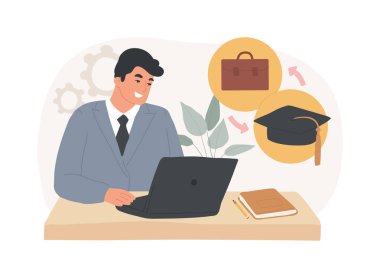 İzole edilmiş çizgi film çizimleri üzerinde çalış ve çalış. Dizüstü bilgisayara bakan adam, esnek çizelge, iş ile birleştirme, online derece, uzaklık öğrenme, sanal eğitim vektörü çizgi filmi.