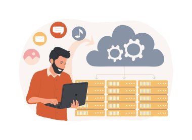 Bulut tabanlı motor izole edilmiş konsept vektör çizimi. Altyapı bir hizmet, sanal makine uygulaması, sağlayıcı, bulut tabanlı talep üzerine motor, yazılım bilgisayar vektörü kavramı.