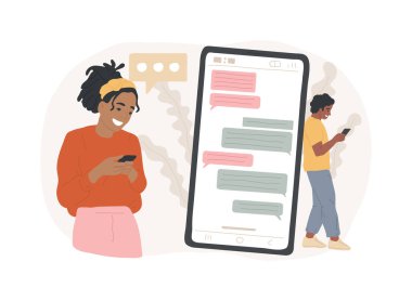 Mesajlaşma uygulaması izole edilmiş konsept vektör çizimi. Masaüstü uygulaması, cep telefonu sohbet uygulaması, cep telefonu mesajlaşması yumuşak, sosyal medya kuryesi, video çağrısı, sms vektör kavramı.