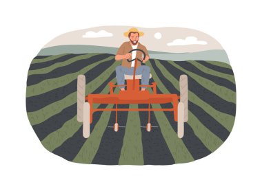 Mekanik tarım, karikatür vektör çizimlerini izole etti. Tarlada traktör süren çiftçi, tarım makinesi, modern tarım, organik tarım, ot kontrol vektör karikatürü.