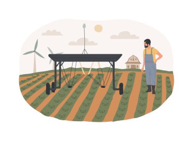 Ot kontrol robotları karikatür vektör çizimlerini izole etti. Ot ve tarım endüstrisini kontrol etmek için robot kullanan çiftçi, akıllı çiftçilik, verimi artırmak ve çevresel risk çizgi filmini azaltmak.