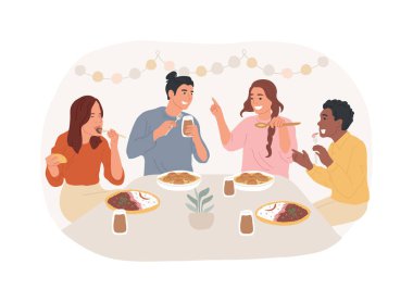 Hint restoranı karikatür vektör çizimlerini izole etti. Bir grup arkadaş kafede sohbet edip yemek yiyorlar, Hint mutfağı menüsü, insan yaşam tarzı, akşam yemeği zaman çizelgesi..