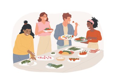 Vejetaryen büfesi karikatür vektör çizimleri. Bir grup mutlu insan vejetaryen büfesinde yemek yiyor, sofrada yemek çeşitliliği var, restoranda birlikte yemek yiyorlar..