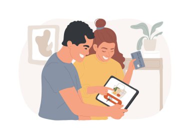 Ödeme sırası karikatür vektör çizimleri. Genç bir çift online market alışverişini tabletle ödüyor, internetten yemek alıyor, modern ürün dağıtım süreci vektör karikatürü.