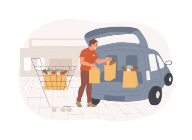 İzole edilmiş çizgi film çizimleri yükleniyor. Gülümseyen işçiler müşterilerin arabasına yiyecek, içecek, kaldırım kenarındaki servis hizmeti karikatürü alırlar..