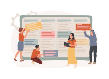 Kanban yönetim kurulu konsept vektör çizimini izole etti. Takım çalışması iletişim süreci, çevik proje yönetimi, kargaşa toplantısı, geliştirme aşamaları, iş ilerleme görselleştirme vektörü kavramı.