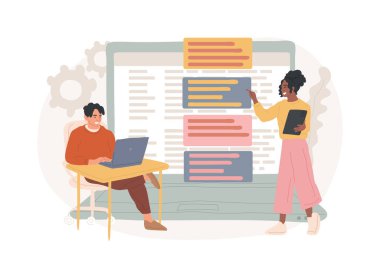 Yazılım gereksinimi tanımı izole edilmiş konsept vektör çizimi. Yazılım sistemi açıklaması, çevik araç, iş analizi, proje geliştirme özellikleri, belge vektör kavramı.