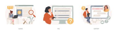 Web sitesi menü çubuğu izole konsept vektör çizimi. Rehberler, SSS ve iniş sayfası bölümleri. Şirket bilgisi, kullanıcı arayüzü, UI ögesi, müşteri yardımı, bizimle bağlantı kurun.