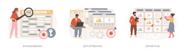 Profesyonel SEO hizmetleri izole edilmiş konsept vektör çizimi seti. Anahtar kelime araştırması, kopyalama optimizasyonu, içerik planı, web kampanyası, arama motoru, çevrimiçi sosyal medya planlayıcısı konsepti.