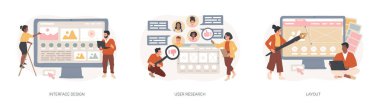 Kullanıcı arayüzü geliştirme izole edilmiş konsept vektör çizimi. Arayüz tasarımı, kullanıcı araştırması, düzen, iniş sayfası, ilgili tasarım, kullanılabilirlik testi, çevrimiçi araştırma, vektör konsepti.