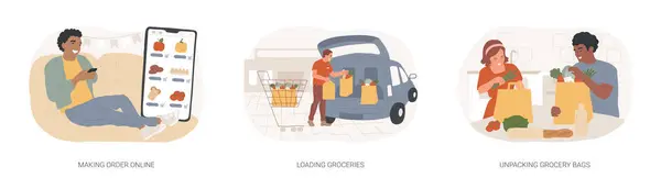 Stock vector Curbside pickup at a grocery store isolated cartoon vector illustrations set. Making order online, buying food, worker put groceries into customers car, unpacking bags with purchases vector cartoon.