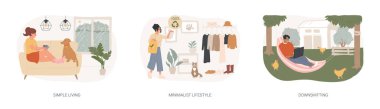 Dikkatli yaşam tarzı izole edilmiş konsept vektör çizimi. Basit yaşam, minimalist yaşam tarzı, küçülme, yavaş yaşam, tüketim azalması, denge bul, stres yok, kaçış vektörü konsepti.