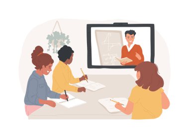 İzole edilmiş karikatür vektör illüstrasyonlarını görüntülü konferans. İnsanlar görüntülü sohbet, akıllı sınıflar, veri görselleştirme, çevrimiçi eğitim, bulut tabanlı iletişim sistemi vektör karikatürü kullanarak konuşuyor.