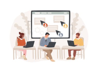 Çalışma alanı izole edilmiş çizgi film vektör çizimleri. Laptoplar, ortak online çalışma alanı, sanal sınıf, veri görselleştirme, çevrimiçi öğrenme vektör karikatürü kullanan çeşitli insanlardan oluşan bir grup..