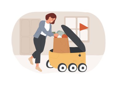 Food delivery robot isolated cartoon vector illustrations. Woman taking food from delivery robot, modern technology, service sector innovation, digital autonomous courier vector cartoon.
