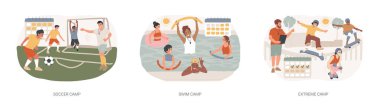 Gençlik spor programı izole edilmiş konsept vektör çizimi. Futbol ve yüzme kampı, gençler için ekstrem sporlar, açık hava sınıfı, fiziksel aktivite, yaz tatili, takım çalışması eğitim konsepti..