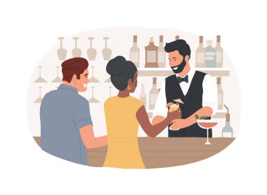 İzole edilmiş karikatür çizimleri sunuyorum. Profesyonel barmen çeşitli müşteriler grubuna kokteyl servisi yapıyor, servis sektörü, horeca işi, canlandırıcı içecek vektör karikatürü.