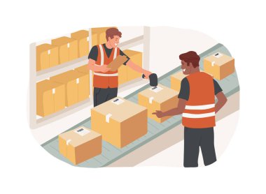 Goods-to-person technology isolated cartoon vector illustrations. Warehouse workers control goods-to-person order fulfillment method, inventory technologies, conveyor belt vector cartoon.