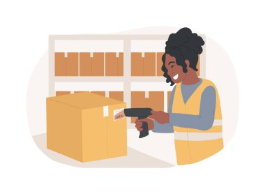 Barcode reader isolated cartoon vector illustrations. Smart warehouse worker scans goods with barcode reader, inventory technologies, merchandising industry, products identity vector cartoon.