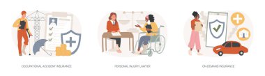Çalışan sağlığı izole edilmiş konsept vektör çizimi seti. İş kazası sigortası, kişisel yaralanma avukatı, talep üzerine sigorta poliçesi, işçi yaralanması, yasal hizmet vektör kavramı.