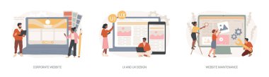 Şirket web sitesi izole edilmiş konsept vektör çizimi. UI ve UX tasarımı, web sitesi bakımı, web geliştirme, grafik tasarım servisi, mobil uygulama, kullanıcı arayüzü, destek vektörü konsepti.