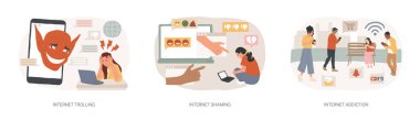 Sosyal medya davranışı konsept vektör illüstrasyonunu izole etti. İnternet trolleme ve utandırma, internet bağımlılığı, dijital taciz, taciz ve zorbalık, duygusal mesaj vektörü konsepti.