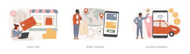 Dijital ödeme izole konsept vektör çizimi seti. Kredi kartı, para transferi, araç ödemelerinde, çevrimiçi nakit servisimizde, banka işlemlerinde, satın alma vektörü konseptinde.