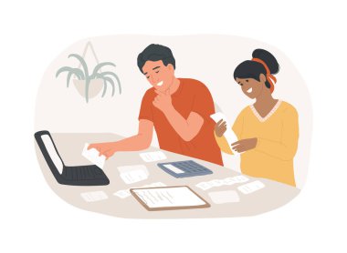 Karikatür vektör çizimlerini hesapla. Muhasebe, para yönetimi, gelir ve gelir hesaplaması yapan küçük işletme sahipleri, mali giderler vektör karikatürü rapor ederler.