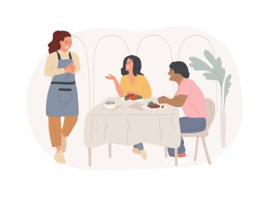 İzole edilmiş karikatür vektör çizimlerinde çatışmaları çözmek. Müşterilerle iletişim kuran gülümseyen garson, restoranda profesyonel müşteri hizmetleri, horeca iş vektör karikatürü.