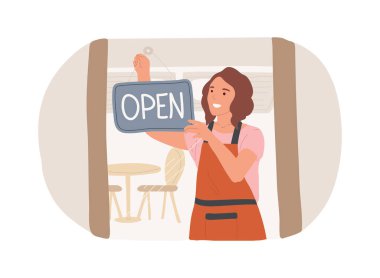 Restoranın açılış günü karikatür vektör çizimleri. Gülümseyen garson sabah bir restoran açıyor, servis sektörü, horeca işi, kafe sahibi, bar giriş vektör karikatürü.