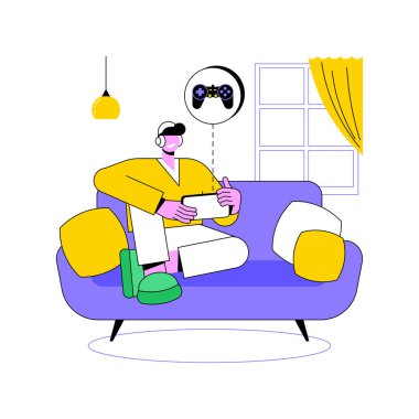 Çevrimiçi oyun uygulamaları karikatür vektör çizimlerini izole etti. Akıllı telefonu, eğlence zamanı, modern bilişim teknolojisi, uygulama geliştirme vektör karikatürü kullanarak online oyunlar oynayan adam.