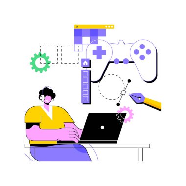 Oyun üretimi karikatür vektör çizimlerini izole etti. Özel bilgisayar yazılımlı profesyonel geliştirici, yeni oyun, modern bilişim teknolojisi, prodüksiyon süreci vektör karikatürü.