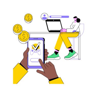 Çevrimiçi oyun monetizasyonu izole edilmiş çizgi film vektör çizimleri. Profesyonel bilişim uzmanı oyun, para kazanma fikri, modern teknoloji, platform yapıcı vektör karikatürü için para alıyor.