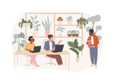 Biyofilik ofis karikatür vektör çizimlerini izole etti. Doğal çevrede çalışan çeşitli insanlar. Akıllı ofis, modern işyeri, birçok bitki, dikey bahçe vektör karikatürü..