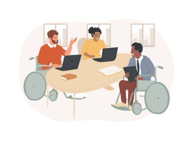 Özel ofis karikatür vektör çizimleri. Engelliler için modern işyeri, erişilebilir çevre vektörü karikatürü gibi akıllı ve kapsayıcı bir ofiste çalışan çeşitli insanlardan oluşan bir grup..