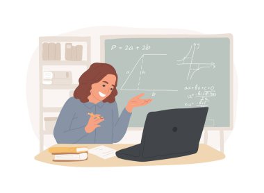 İzole edilmiş çizgi film çizimleri. Öğretmen, bilgisayar, modern öğrenci hayatı, koronavirüs sırasında eğitim süreci, sanal öğrenme vektör karikatürü ile çevrimiçi ders veriyor..