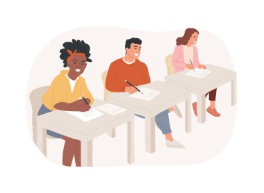 Karikatür vektör çizimlerini not alıyorum. Bir sınıfta okuyan ve notlar yazan genç kız, üniversite eğitim süreci, üniversite dersleri, öğrenci yaşam tarzı vektör karikatürü.