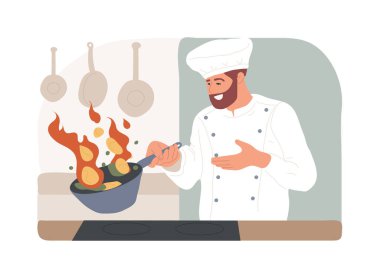 Yemek hazırlama karikatür vektör çizimlerini izole etti. Profesyonel restoran şefi yemek pişirme, aşçılık, yemek hazırlama, servis sektörü, horeca iş vektör karikatürü.