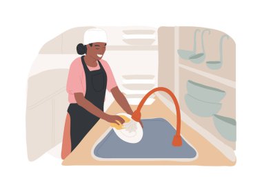 Bulaşık istasyonu karikatür vektör çizimlerini izole etti. Gülümseyen restoran çalışanı bulaşık yıkıyor, profesyonel insanlar, hizmet sektörü, horeca iş dünyası çizgi filmi.