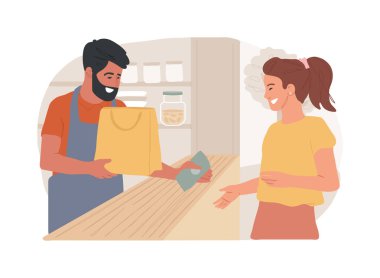 İzole edilmiş karikatür vektör çizimlerini çıkarın. Fast food restoranı çalışanı müşteriye dışarıdan yemek, servis sektörü, horeca işi, paket vektör çizgi filmindeki yemek sunar..