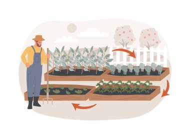 Dönen ekinler karikatür vektör çizimlerini izole etti. Çiftlikte gülümseyen adam, olgunlaşan ekinler, bir dizi farklı bitki yetiştiren, sürdürülebilir tarım, organik çevre vektörü karikatürü.