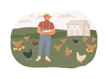 Serbest çalışan yumurtalar karikatür vektör çizimleri. Yumurta taşıyan genç hippi çiftçi, modern tarım, organik çiftlik hayvanı yetiştiriciliği, kırsal yaşam tarzı, çiftlik faaliyeti çizgi filmi.