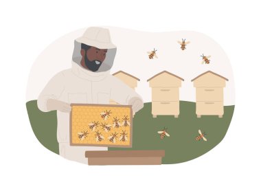 Doğal arıcılık izole edilmiş çizgi film çizimleri. Çiftçi kovanları, doğal arıcılık endüstrisi, modern tarım, organik hayvancılık, bal üretim vektör karikatürü.