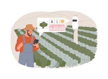 Ekin izleme karikatür vektör çizimleri. Çiftçi ekinleri, kontrol değişimlerini, ışığı, nemi, sıcaklığı, şekli ve boyutu, akıllı çiftçilik vektör karikatürünü izlemek için aygıtlar kullanıyor..